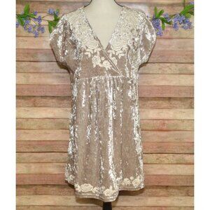 Savanna Jane Champagne Embroidered Floral Crushed Velvet Babydoll Tunic Top 1X